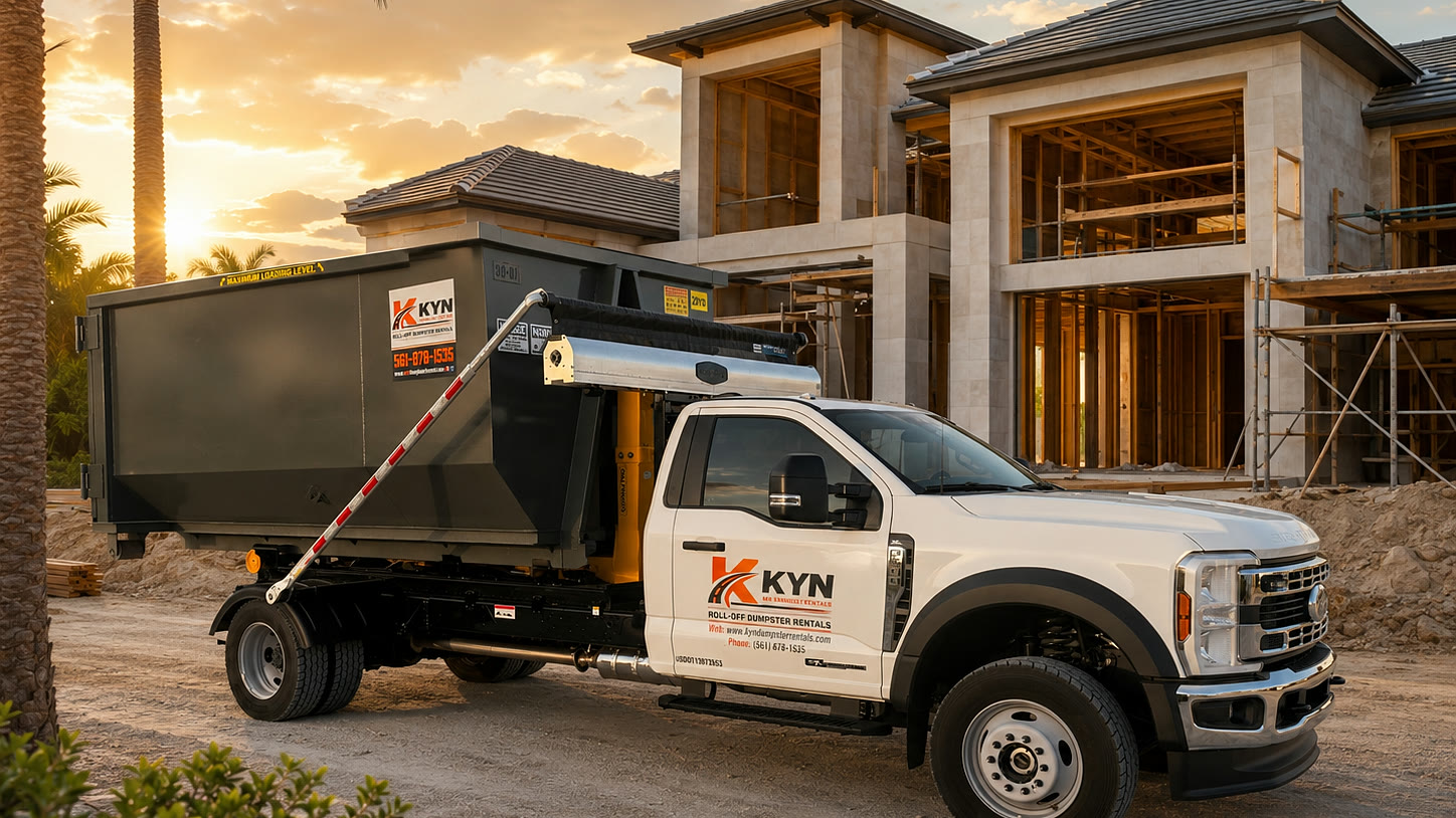 KYN roll-off truck with a loaded 20-yard dumpster at a Southwest Florida home at sunset