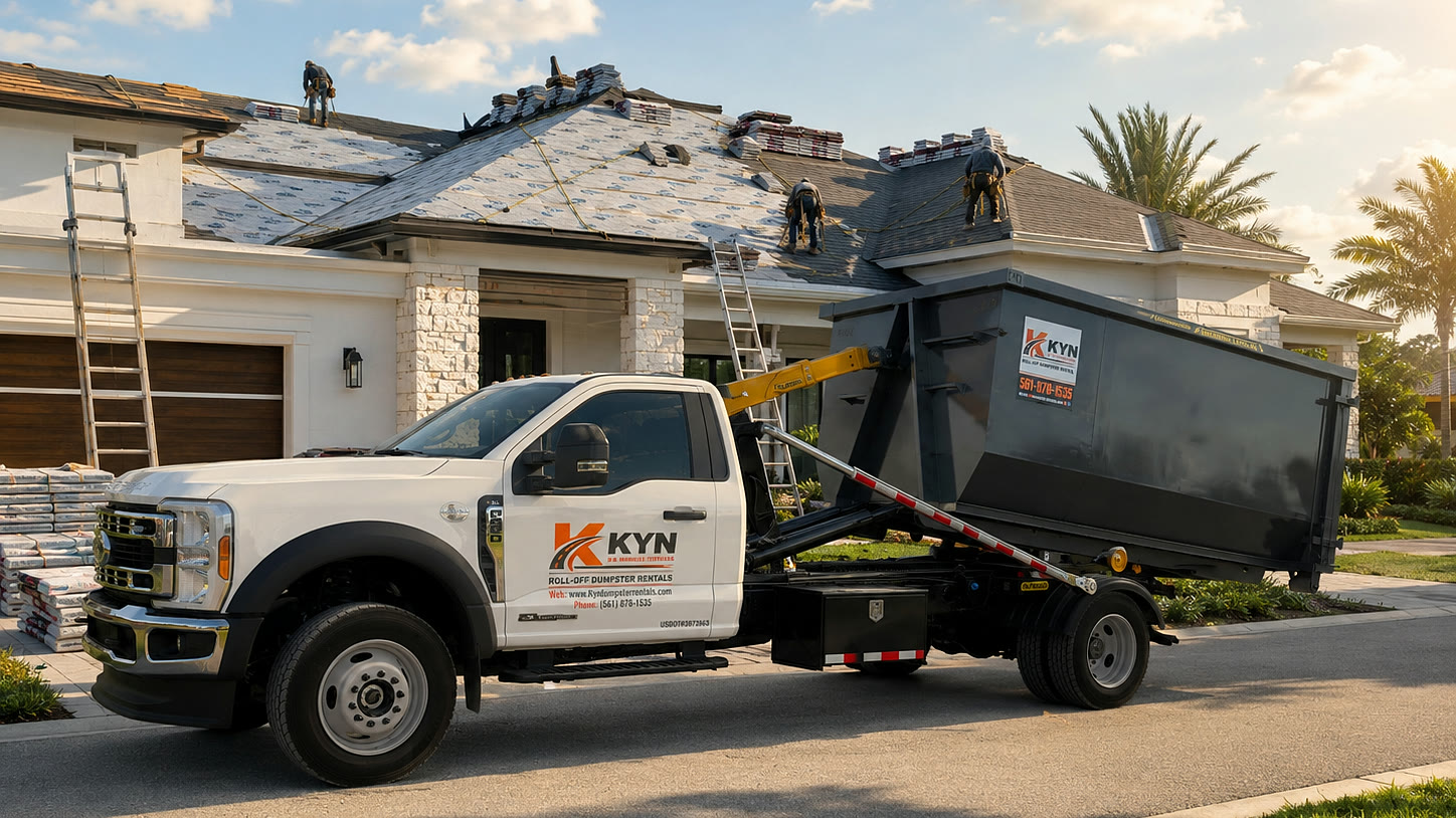 KYN truck delivering a roll-off dumpster to a roofing tear-off job
